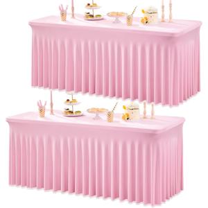 2Pack Baby Pink Spandex Table Clothes for 6 Foot Rectangle Tables, Wrinkle Free Fitted Tablecloths 6ft Stretchy Light Pink Tablecovers Desk Skirt for Parties Weddings Birthday Banquet Baby Shower