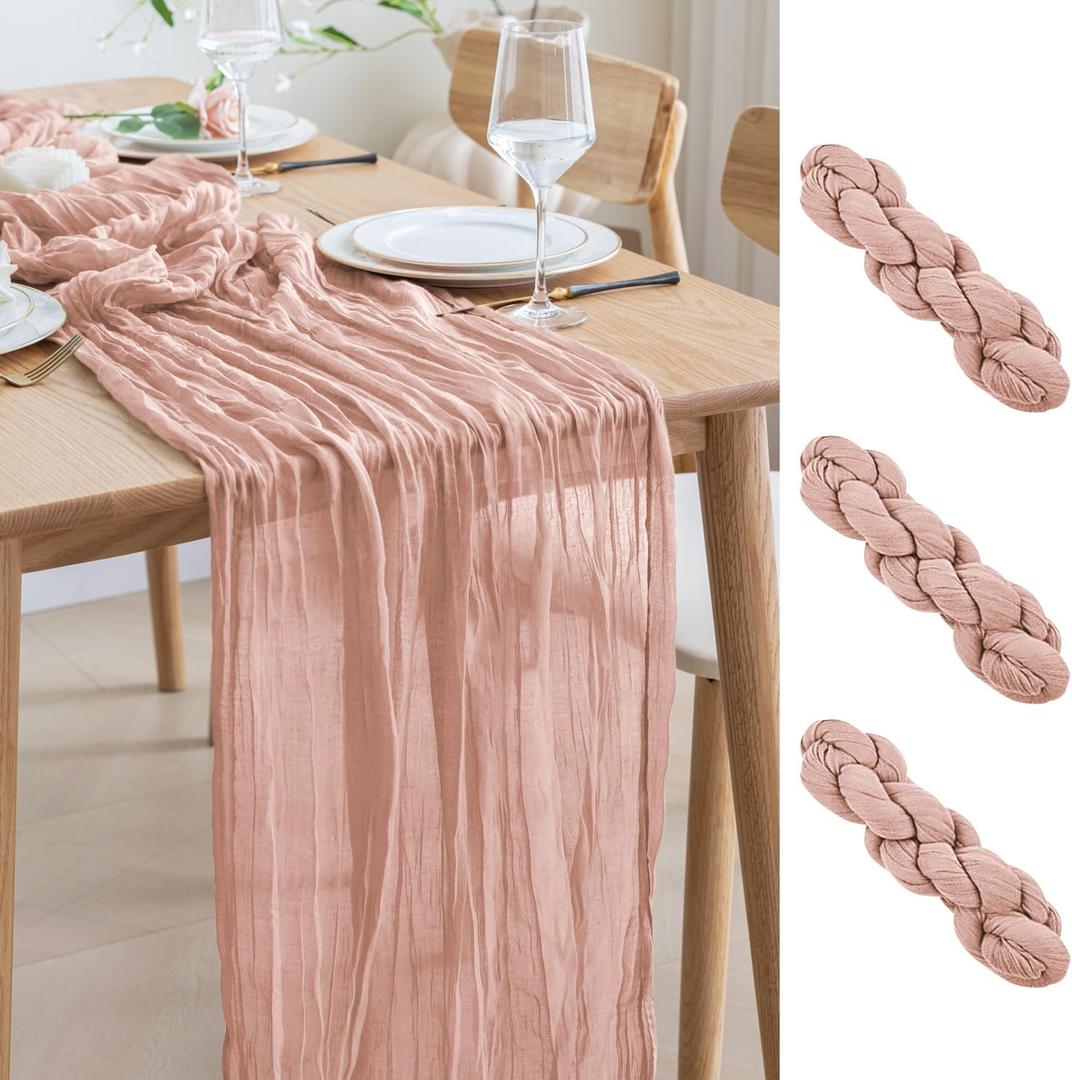 Asee'm 3pcs Cheesecloth Table Runner 120 Inches Dusty Pink Boho Gauze Cheese Cloth Runner 10FT Rustic Sheer Table Runners for Spring Easter Wedding Baby Shower Holiday Party Decoration, 3 PACK, Dusty Pink