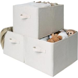 StorageWorks Foldable Shelf Organizer Bins, Closet Storage Baskets for Clothes, Storage Bins for Organization, Beige Stripes, 3-Pack, Extra Large
