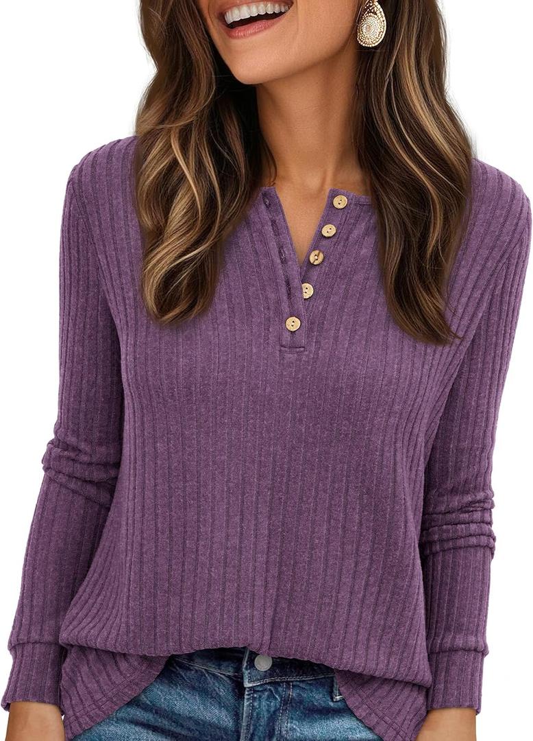 PRETTYGARDEN Women's Long Sleeve Henley Shirts 2026 Spring Casual Ribbed Tunic Tops Lightweight Sweaters Fashion Clothing (S)