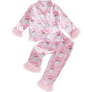 Toddler Kids Baby Girl Solid Pjs Ruffle Long Sleeve Button Shirt Top and Pants Cotton 2Piece Pajamas Set (14-15 Years, Pink Furry Santa Pjs)