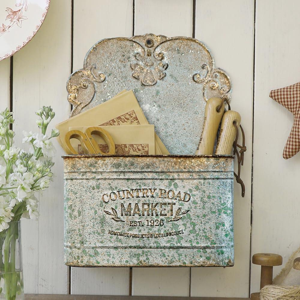 Hanging Wall Storage Baskets, Metal Hanging Baskets for Mail, Files, Books, Flowers & Accessories, Rustic Wall-Mounted Organizer for Entryway, Kitchen, Office, French Farmhouse Decor(Grey) (Blue)