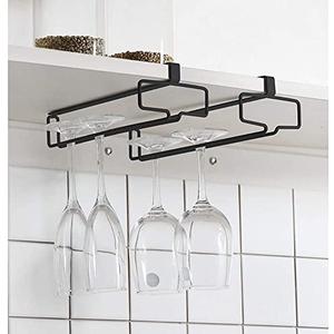 LINFIDITE Wine Glass Holder 2PCS Stemware Rack Hanger Under Cabinet Wine Glass Rack Kitchen Hanging Storage Rack Organizer,Black (For Partition Thickness under 0.98")