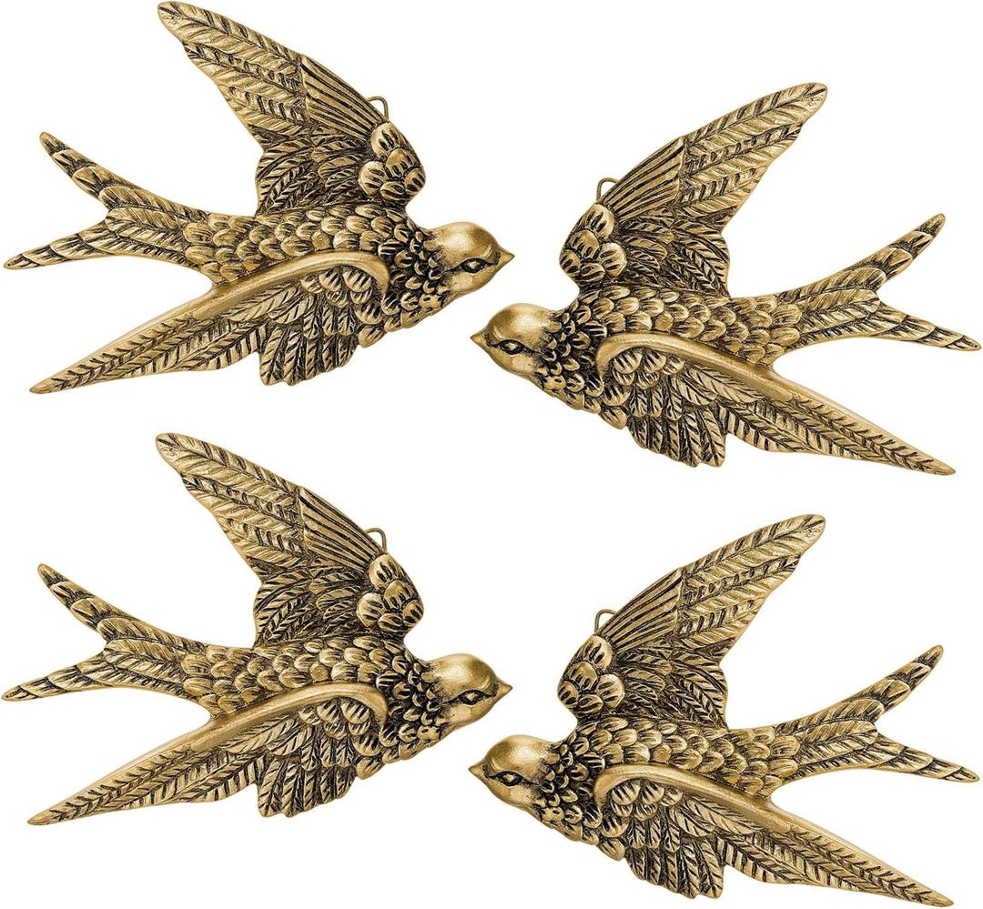 4 Pcs Vintage Bird Wall Sculpture Decor Art 4.7 Inch Antique 3D Sculpted Hanging Bird Resin Wall Art Golden Brass Floating Ornament for Living Room Garden Outdoor, Gifts for Couples Housewarming (Symmetry)