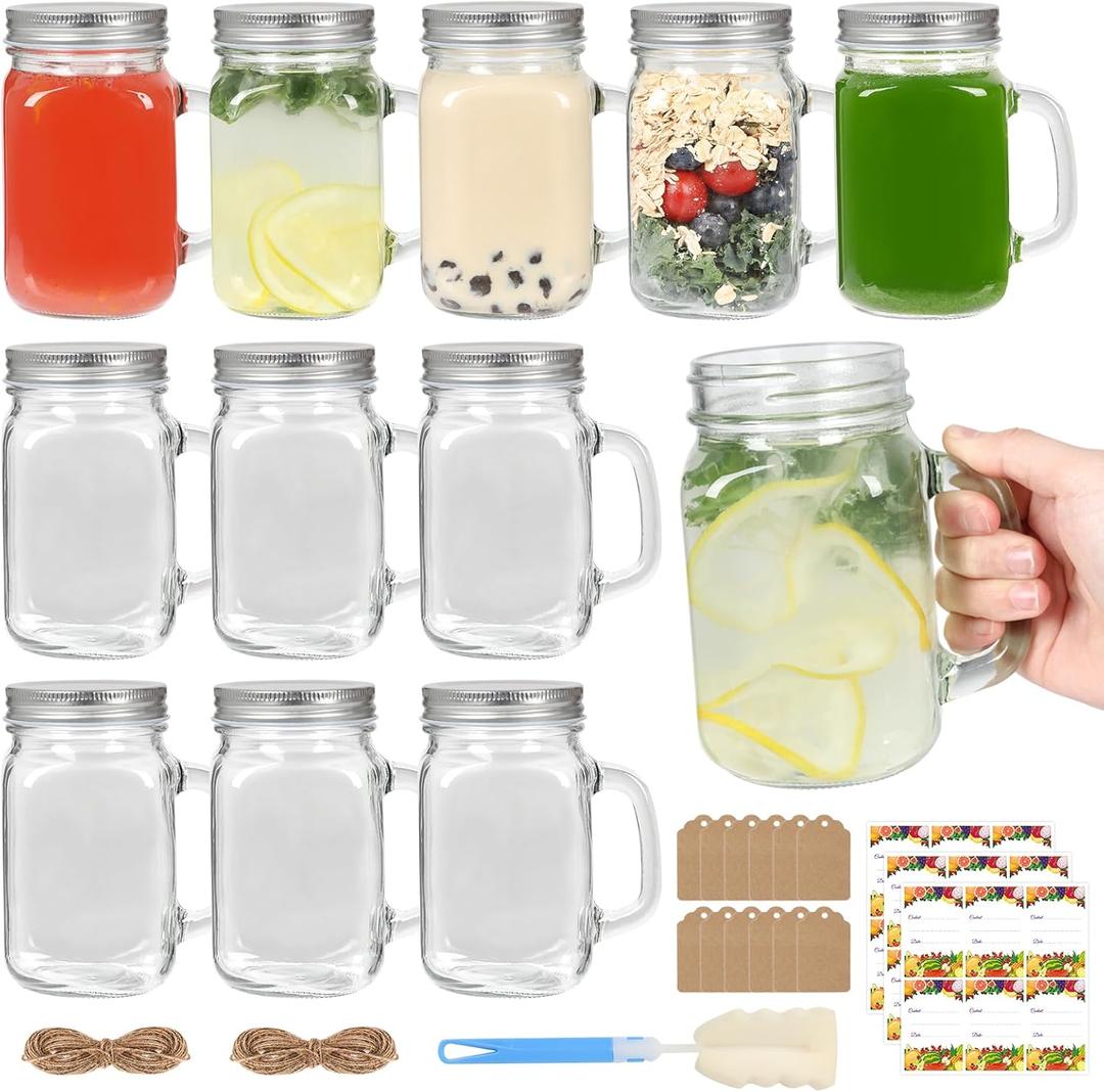 EkkoVla 16 oz Mason Jar with Handle, 12 Pack Mason Jars Cups with Lids, Reusable Glass Drinking Mugs for Smoothies, Kombucha, Cocktails, Party Favors
