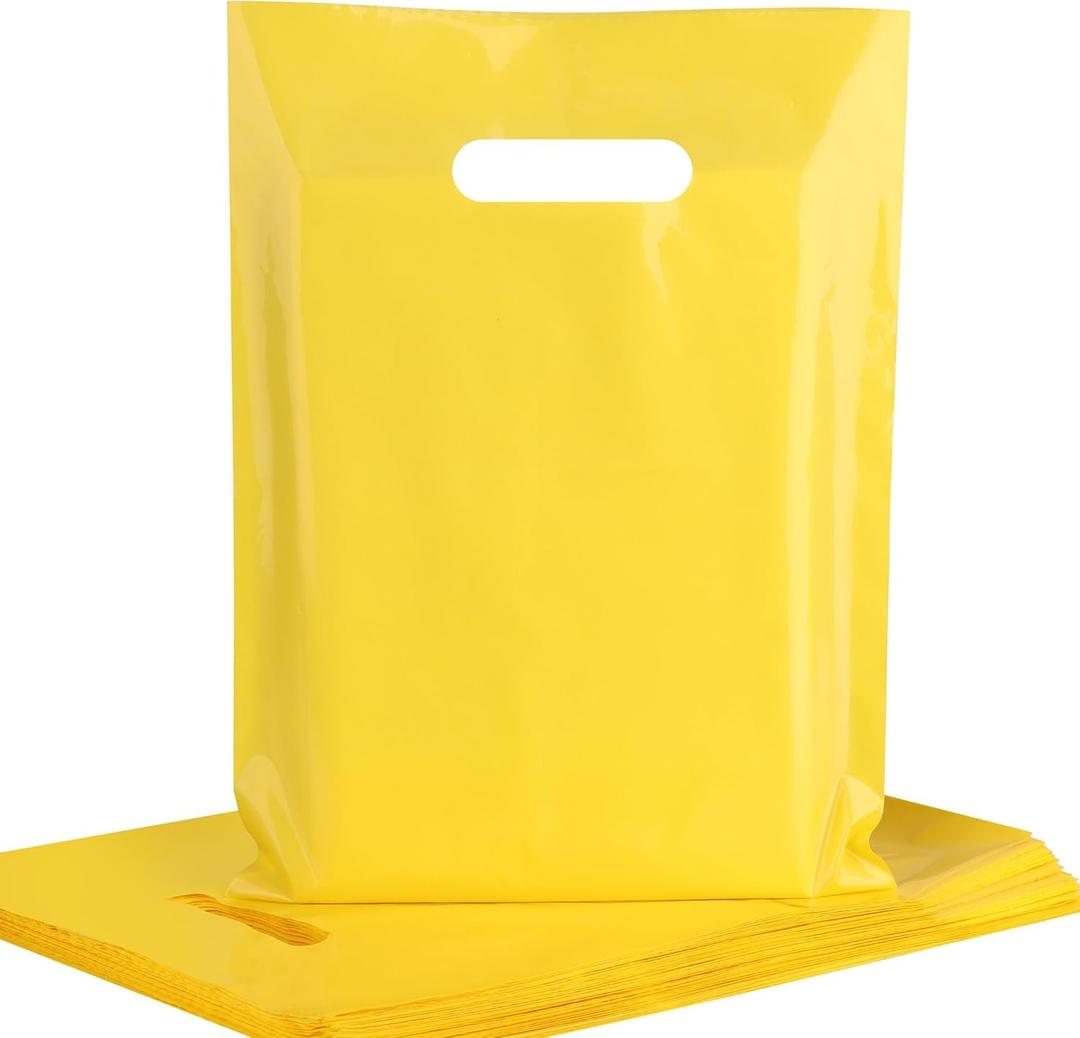 POPGIFTU Yellow Plastic Shopping Bags with Handles 100 Pack, 9x12 Merchandise Bags Bulk for Retail Stores, Events, Gift Packaging, Small Business Use