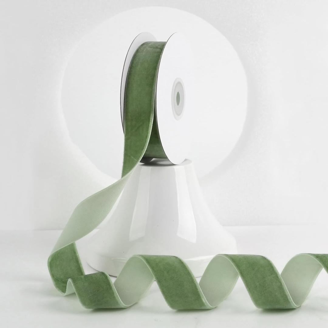 MEEDEE Olive Green Velvet Ribbon 1 Inch Single Face Nylon Velvet Ribbon 2 Rolls 20 Yards Moss Green Ribbons for Christmas Tree, Gift Wrappig, Rustic Wreath, Velvet Bow Making, Home Decor