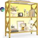 Homieasy Bookshelf Bookcase 3 Tier with Tempered Glass Shelf, Gold Display Shelf with Led Light for Collectibles, Heavy Duty Metal Frame Storage Rack, Modern Tall Bookshelf Living Room Office, Gold