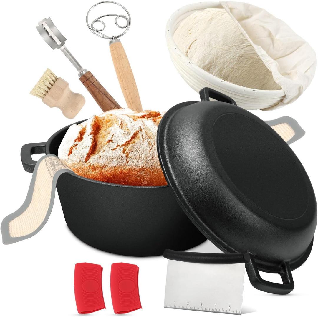 Cast Iron Dutch Oven for Bread Baking, 5 Qt Sourdough Dutch Oven with Lid, 2-in-1 Dutch Pot with Bread Baking Supplies for Camping, Frying and Braising