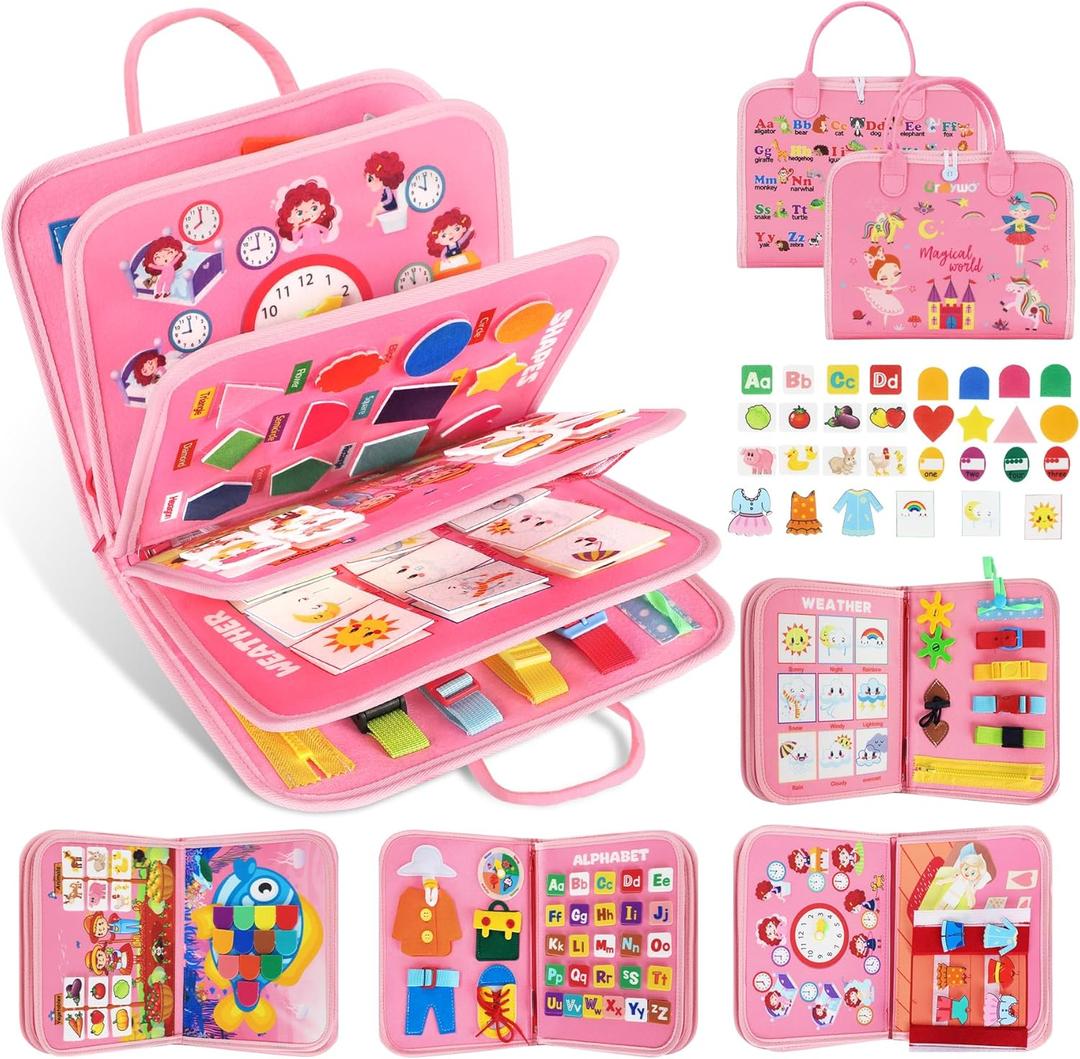 URMYWO Busy Board - Montessori Toys for 1 2 3 4 Year Old, Busy Book Toddler Activities with Fine Motor Skills, Autism Sensory Toys Gifts for Boys Girls, Travel Toys for Road Trip Plane Car (Pink)