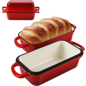 9 x 5 Inch Bread Pan Enameled Cast Iron Loaf Pan with Lid for Baking, 2 in 1 Non-stick Sourdough Bread Loaf Pan for Homemade Bread, Oven & Stovetop Safe for Gas, Electric & Induction, Red