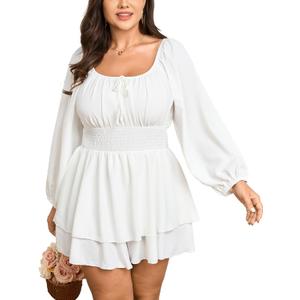 SCOMCHIC Women Plus Size Romper Dress Short Jumpsuit Square Neck Long Sleeve Fall High Waist Ruffle Mini Boho Jumpsuits (XX-Large, White)
