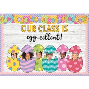 Gueevin 91 Pcs Easter Egg Bulletin Board Decoration Kit Our Class is Egg-cellent Wall Cutouts Classroom Decor with 140 Glue Points for Photo Easter Holiday Teacher School Office Chalkboard Supplies