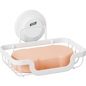 TAILI Soap Holder Bar Dish Suction Cup, Bar Shampoo Rack for Shower Wall, Draining Soap Saver Tray for Bathroom, Rustproof Stainless Steel Sponge Holder for Tub, Kitchen, Drill-Free, White (1 Tier)