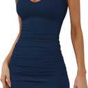 Missufe Women's Sleeveless V Neck Ruched Bodycon Sundress Summer Casual Short Tank Dress (Medium)