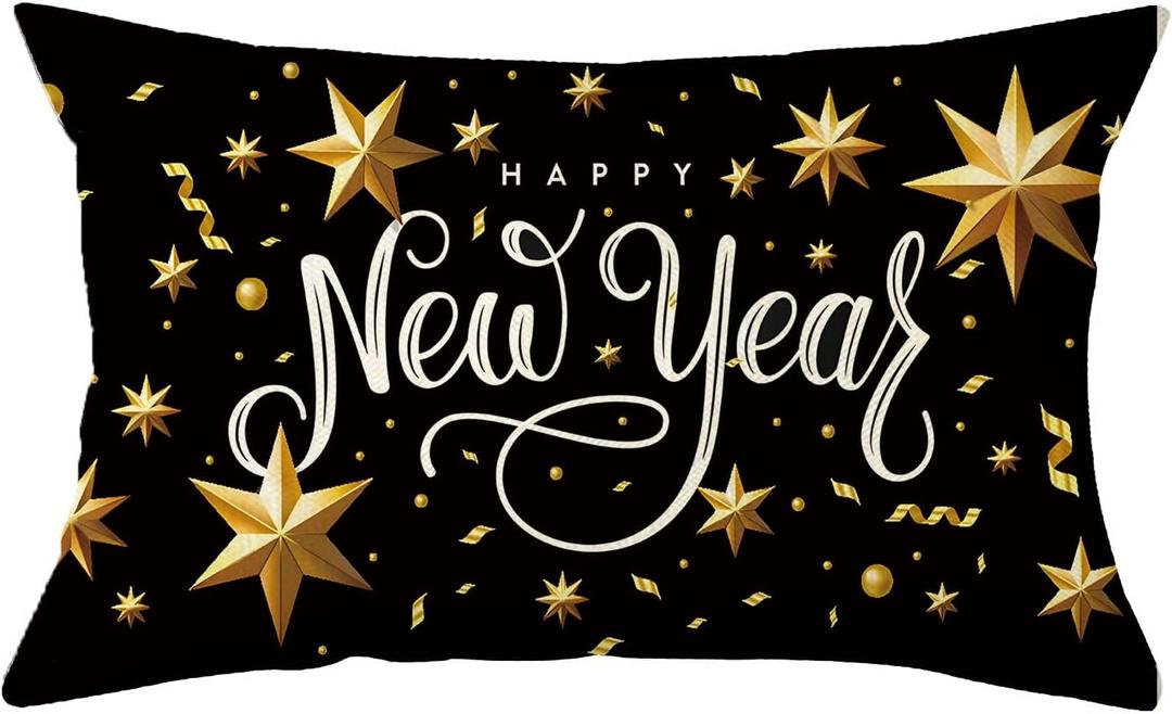 Ogiselestyle Happy New Year Stars Throw Pillow Cover, 12 x 20 Inch Holiday Celebration Party Cushion Case Decoration for Sofa Couch