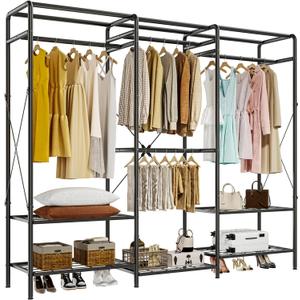 JOISCOPE Wire Garment Rack, Max Load 900 LBS Heavy Duty Clothes Rack for Hanging Clothes, Large Clothing Rack Free Standing Wardrobe Closet Organizer with 4 Rods & 5 Shelves, Black (V1)
