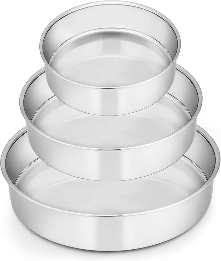 E-far Cake Pan Set of 3 (6 inch/8 inch/9 inch), Stainless Steel Round Layer Cake Baking Pans, Perfect for Birthday Wedding Tier Cake, Non-Toxic & Healthy, Mirror Finish & Dishwasher Safe