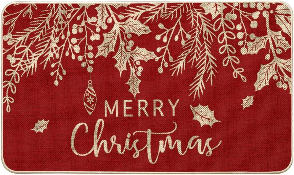Artoid Mode Red Holly Mistletoe Merry Christmas Doormat, Xmas Winter Home Decor Low-Profile Switch Rug Door Mat Floor Mat for Indoor Outdoor 17x29 Inch