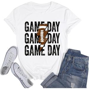 Womens Football Sequin Embroidery Shirts Oversized Vintage Game Day Tshirt Casual Football Season Short Sleeve Tops (White, S)