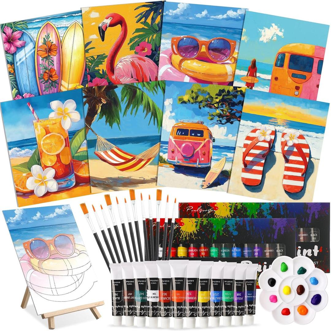 Cholemy 36 Pcs Paint and Sip Kit for Adults 8''x10'' Pre Drawn Canvas for Painting DIY Afro Acrylic Painting Kit Wood Easel Brushes Date Night Bulk for Christmas Party Gifts (Hawaii)