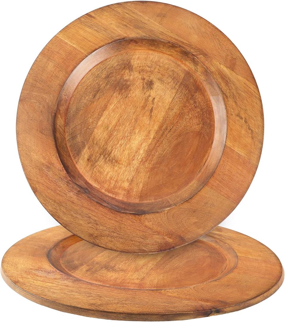 Alpha Living Home Wood Charger Plate Set of 2 - Round Serving Platters Rustic Chargers for Home Dcor Charcuterie Appetizer & Dining - Hardwood Platter Handcrafted Versatile Durable 13 inch (Brown) (Mocha Carob)