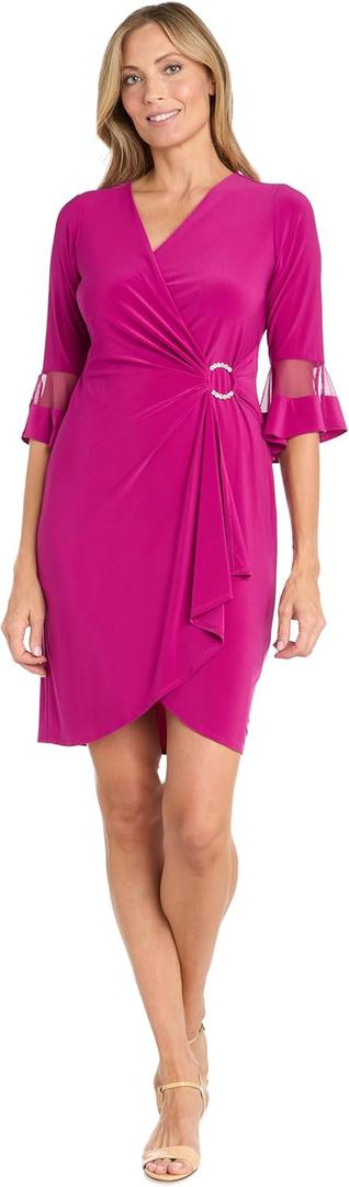 R&M Richards Women's Faux Wrap Cocktail Cascade Dress W/Ruffled Sheer Sleeves & Buckle Accent (14)