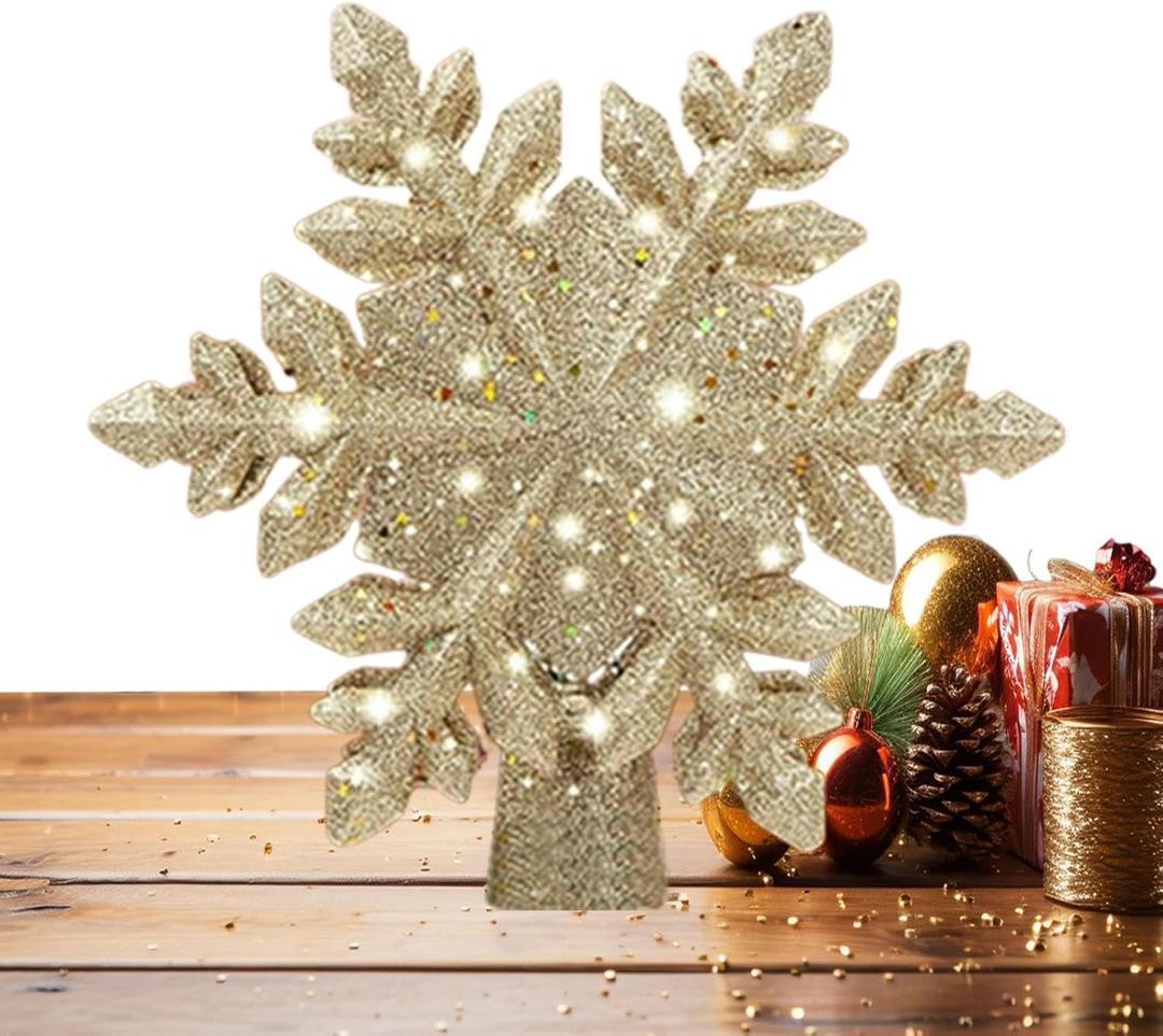 Christmas Tree Star Lighted Tree Topper for Seasonal Decoration with LED Glow ABS Construction with 450G Construction Great for Apartments Churches Group Events (Golden Snowflake Style)