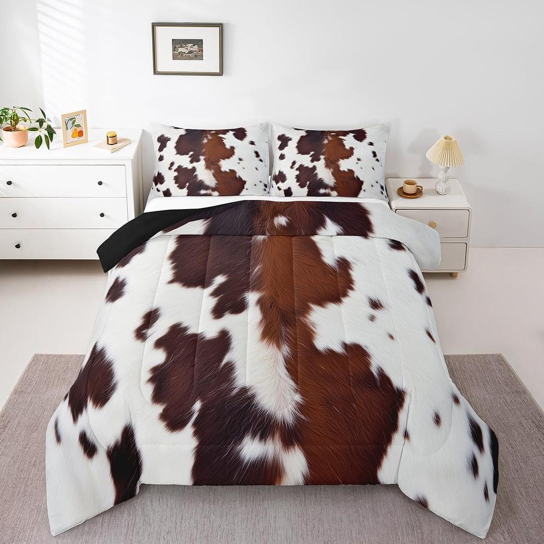 Brown Cow Gifts Comforter Sets Twin Size, Highland Cow Faux Cowhide Comforter Set Bed in A Bag(1 Comforter, 1 Flat Sheet 1 Fitted Sheet 2 Pillowcases and 2 Throw Pillow Covers)