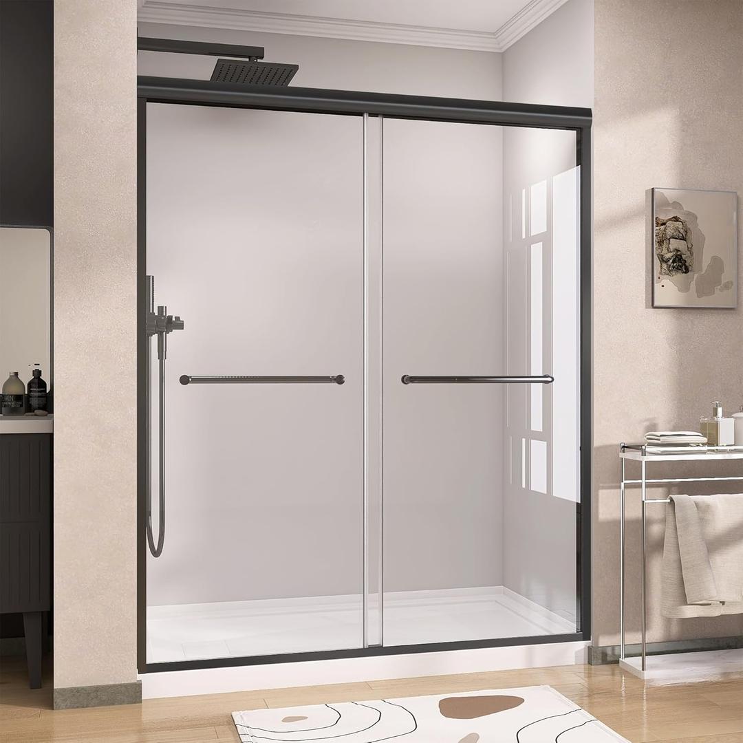 GETPRO Shower Door 56-60 in. W x 72 in. H Semi-Frameless Double Sliding Shower Doors, Bypass Glass Door for Walk-in Shower with 5/16 inch Tempered Glass Matte Black