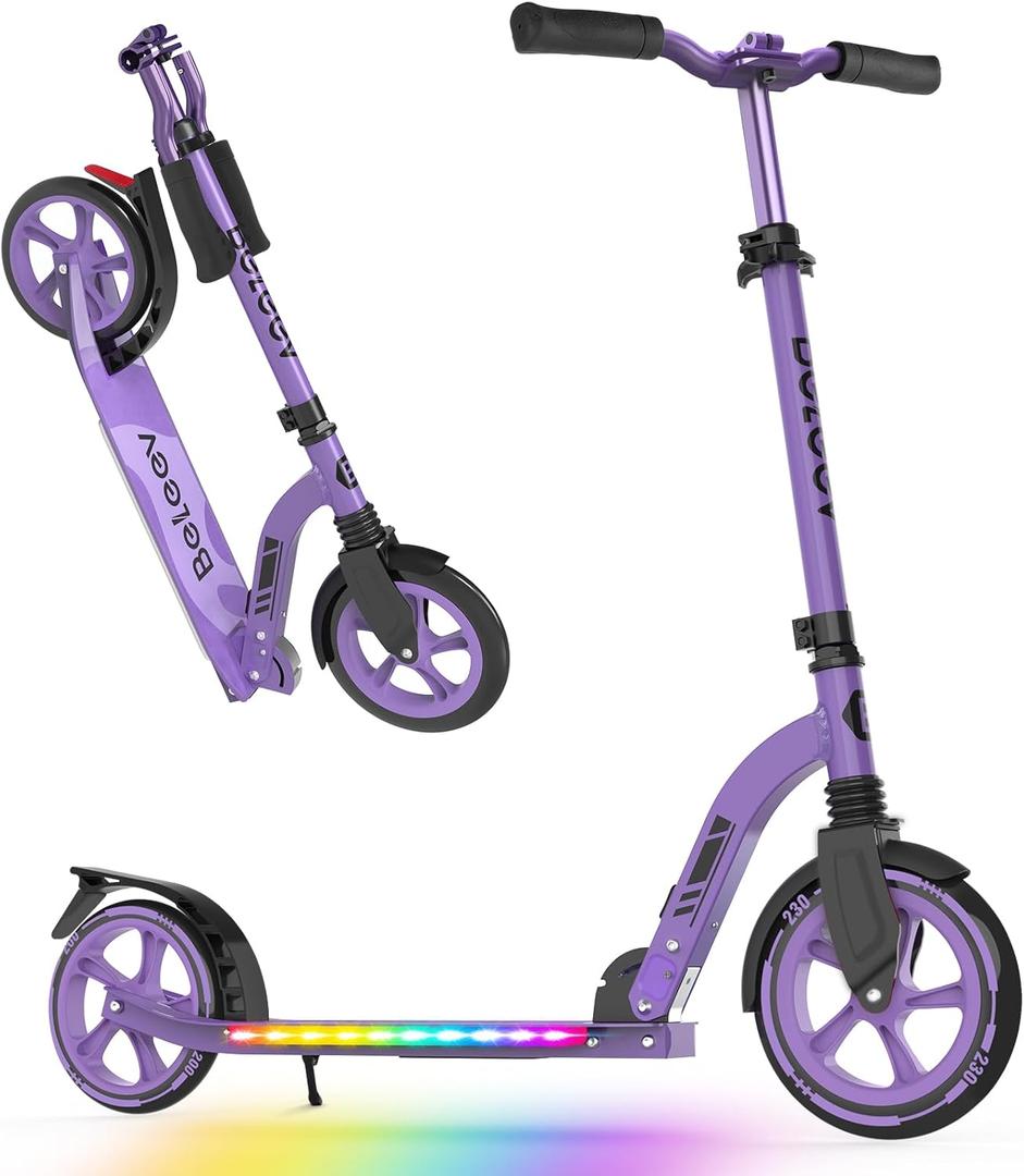 BELEEV V8 Scooters for Kids Ages 6+ with Light-Up Deck, 2 Wheel Folding Scooter for Adults Teens, 4 Adjustable Height, Lightweight Sport Commuter Scooter, Sturdy Frame, Max Load 220 lbs (Purple)