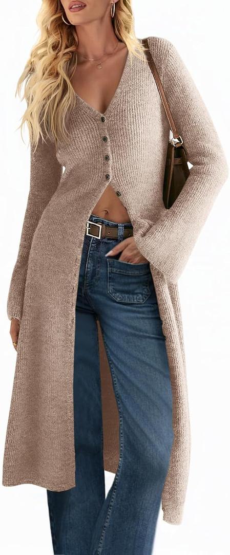 Saodimallsu Womens Long Cardigan Sweaters Oversized Bell Sleeve Open Front Button Down Casual Knit Fall Midi Dress (Brown, XL)