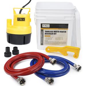 Tankless Water Heater Flushing Kit Includes 1/4HP Submersible Utility Pump with Two Plastic Adapters & 3 Gallons Pail with Bucket Lid Opener & Two 1/2 X 6 PVC Hoses with Washers Easy to Clean