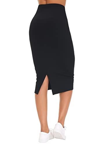 THE GYM PEOPLE Women's High Waist Tummy Control Pencil Skirts Stretchy Bodycon Midi Skirt Below Knee with Back Slit Black, L