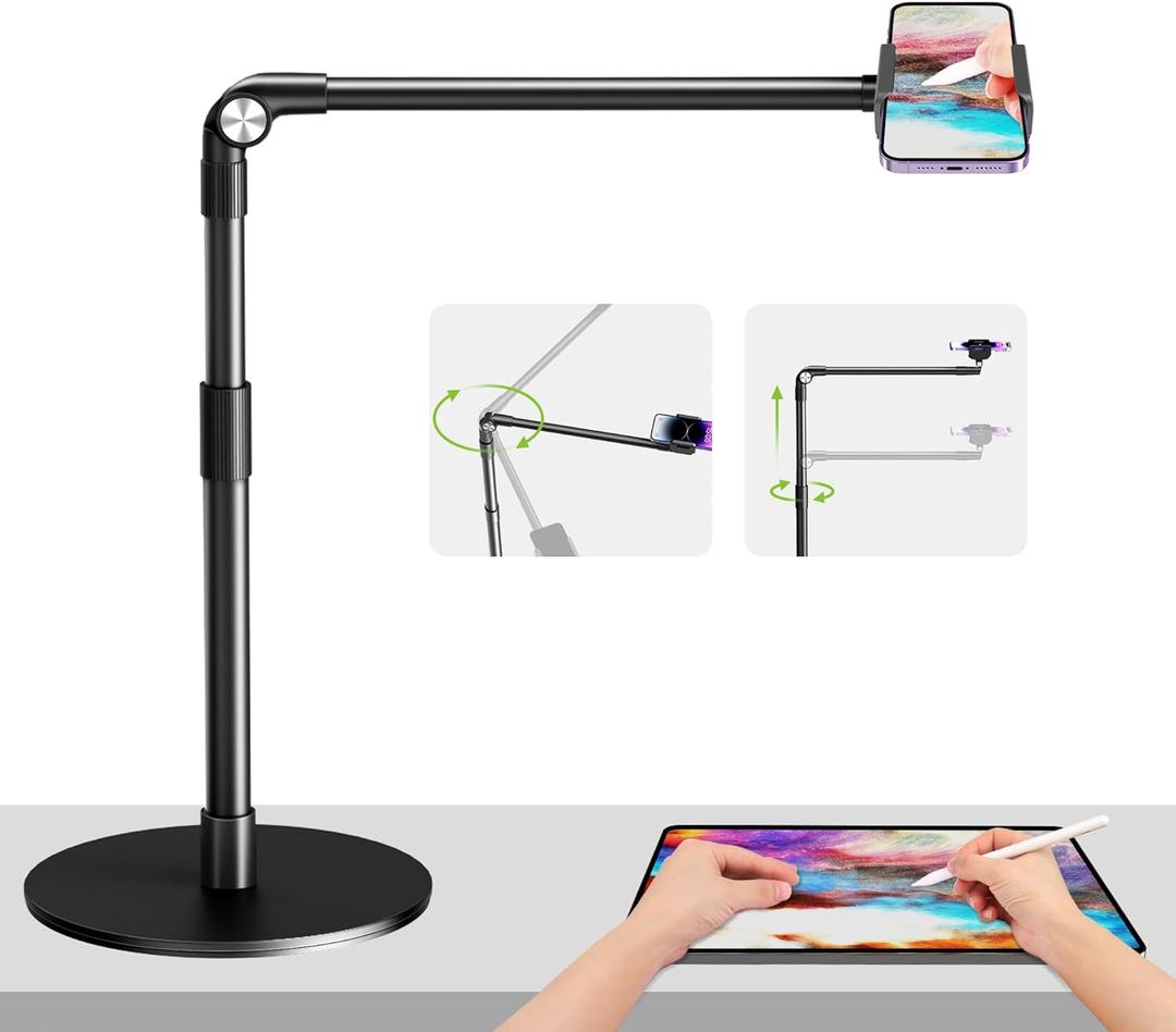 elitehood Heavy Duty Aluminum Overhead Phone Stand, 15 in Long Arm iPhone Holder for Video Recording, 360 Degrees Swivel Tilt Overhead Phone Mount for Filming, Meeting, Cooking, Painting and Crafting
