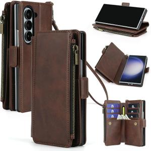ASAPDOS for Samsung Galaxy Z Fold 6 Wallet Case with S Pen Holder,PU Leather Strap Wristlet Flip Case with Magnetic Closure[S-Pen Fully Compatible],Card Holder[RFID Blocking] and Kickstand Coffee