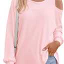 Fisoew Womens Cold Shoulder Tops Casual Long Sleeve Crewneck Basic Loose Fall Fashion T Shirts (Pink, L)