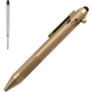Cool Hand 4.9'' Brass Bolt Action Pen with Retractable Stylus Tip for Any Touch Screen, Ballpoint Ink Refillable, Compact Size, Skelton Out Deep Pocket Clip (Brass)