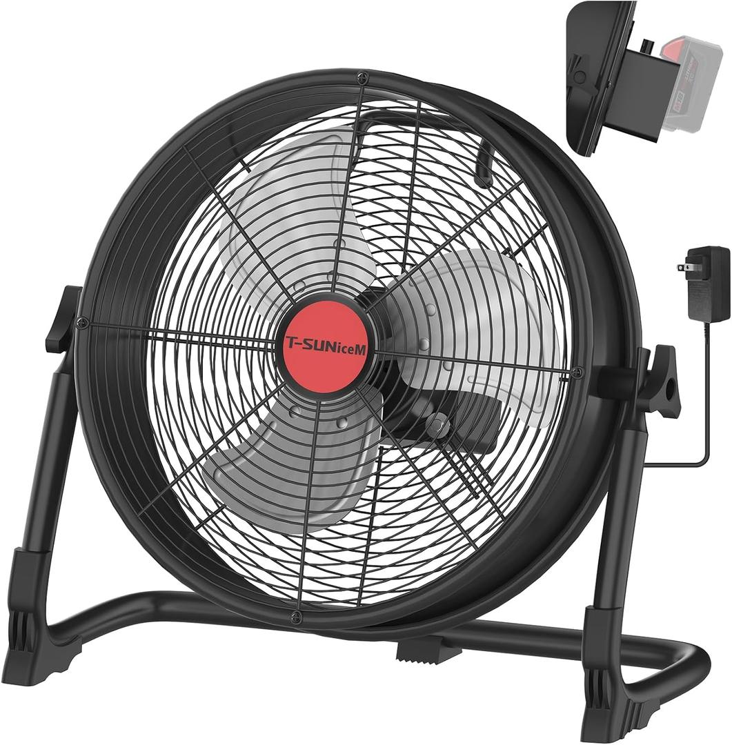 14" Battery Operated Floor Fan for Milwaukee M18 18V Battery, Portable Fan with AC Adapter and USB Output, Metal Industrial High Velocity, Stepless Speed Cordless Fan for Jobsite Garage Camping Backup