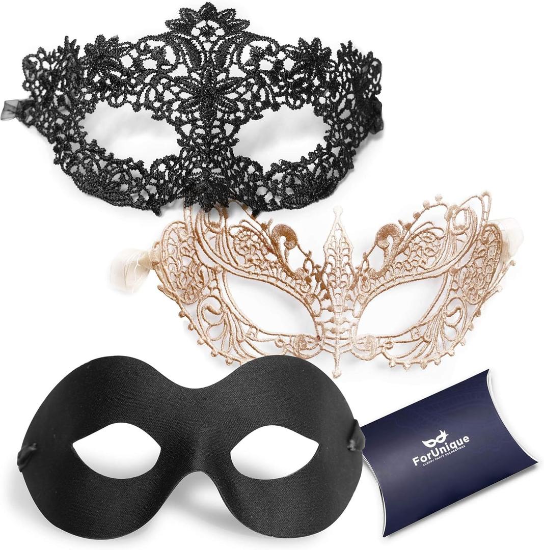 ForUnique Masquerade Mask for Couples Women and Men - 3 Pack Venetian Gold and Black Lace, Mardi Gras Mask