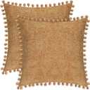 CaliTime Throw Pillow Cases Pack of 2 Cozy Solid Dyed Soft Chenille Cushion Covers with Pom Poms for Couch Sofa Home Decoration 18 X 18 Inches Apricot Brown