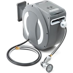 Betta EaseReel Battery-Powered Wall-Mounted Retractable Hose Reel, with Quick-Access Dual Hose Length Control, 8 Spray Patterns Nozzle, Automatic Roll-Up & Tangle-Free Hose Guide (1/2'', 100FT/30m)