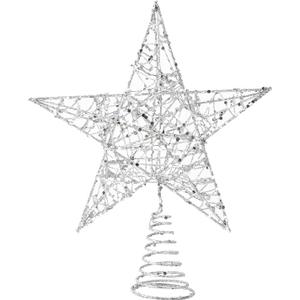 DERAYEE Christmas Star Tree Topper, Xmas Silver Glittered Treetop Metal Hollow Tree Star for Christmas Tree Decorations, Holiday Party Indoor Decor