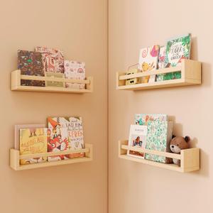 Nursery Shelves, Floating Bookshelves for Wall Set of 4, Baby Nursery Decor, Solid Wood Wall Mounted Shelves for Books (Natural Wood)