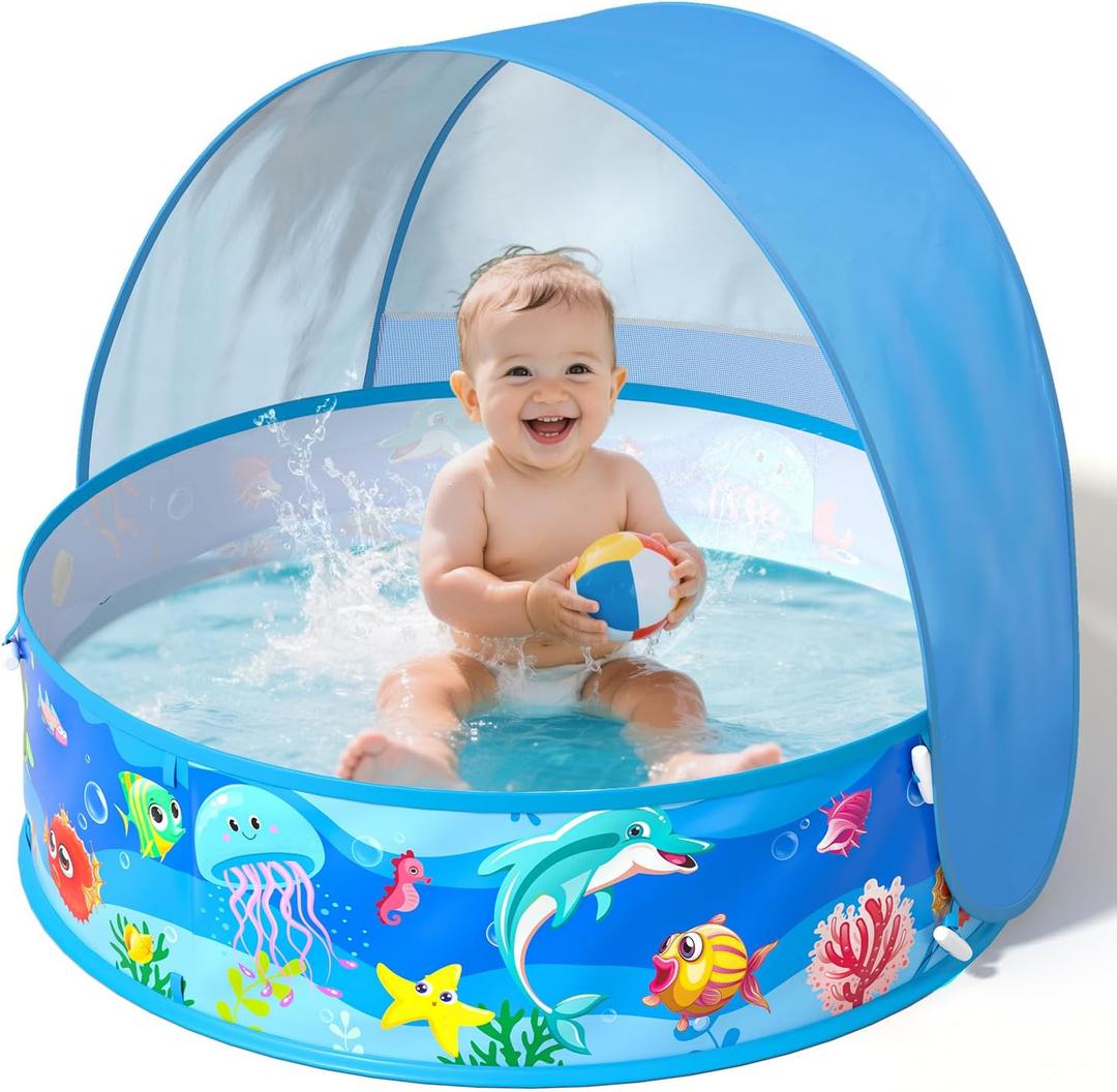 Baby Pool with Canopy Foldable Kiddie Pool with Sun Shade Pools for Toddlers Baby Beach Essentials Pop Up Tent Swimming Wading Pools Portable Summer Water Play for Indoor Outdoor Beach Backyards