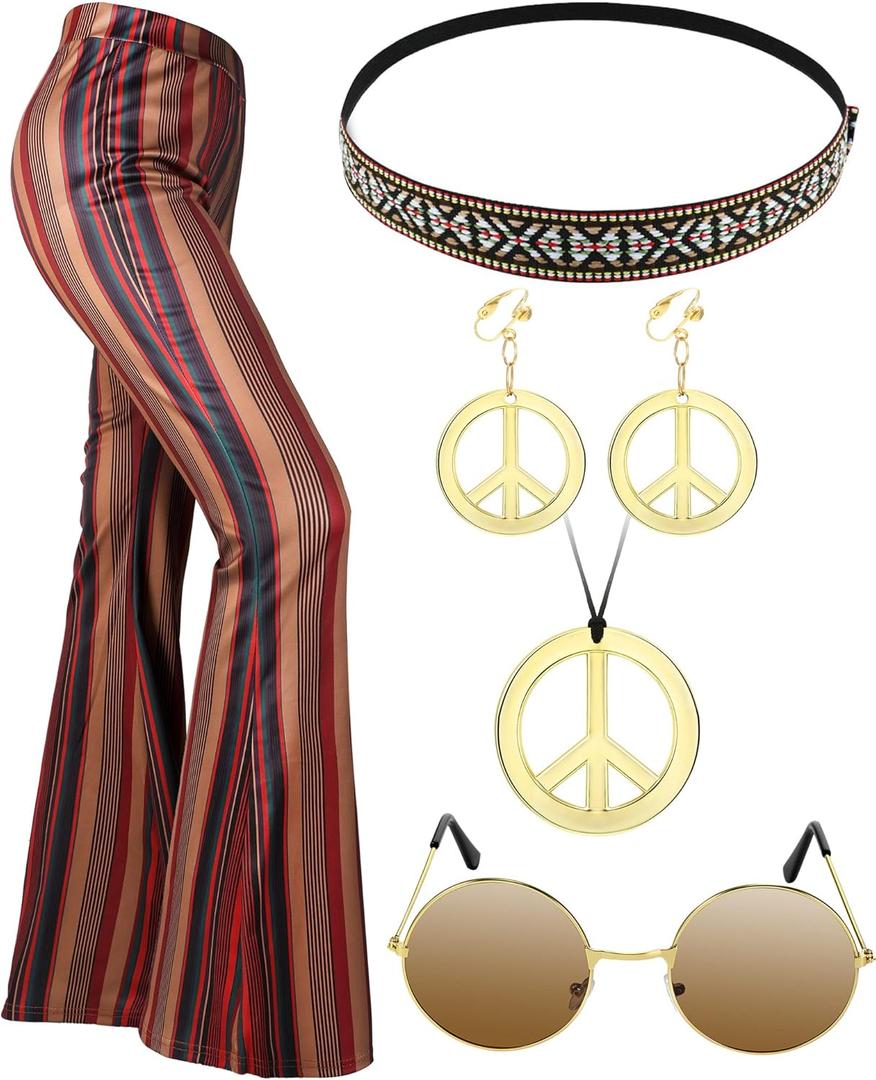 Unittype 5 Pcs 60s 70s Outfits Women Hippie Disco Costume Boho Flared Pant Peace Sign Necklace Earring for Halloween Party (XX-Large)