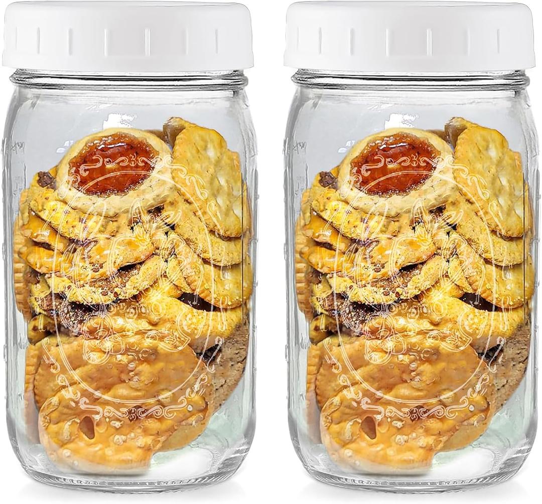 Wide Mouth Mason Jars 32 oz - (2 Pack) - Wide Mouth 32-Ounces Quart Mason Jars with White M.E.M Food Storage Plastic Lids - For Storage, Canning, Freezing, Leak Proof, Microwave & Diswasher Safe