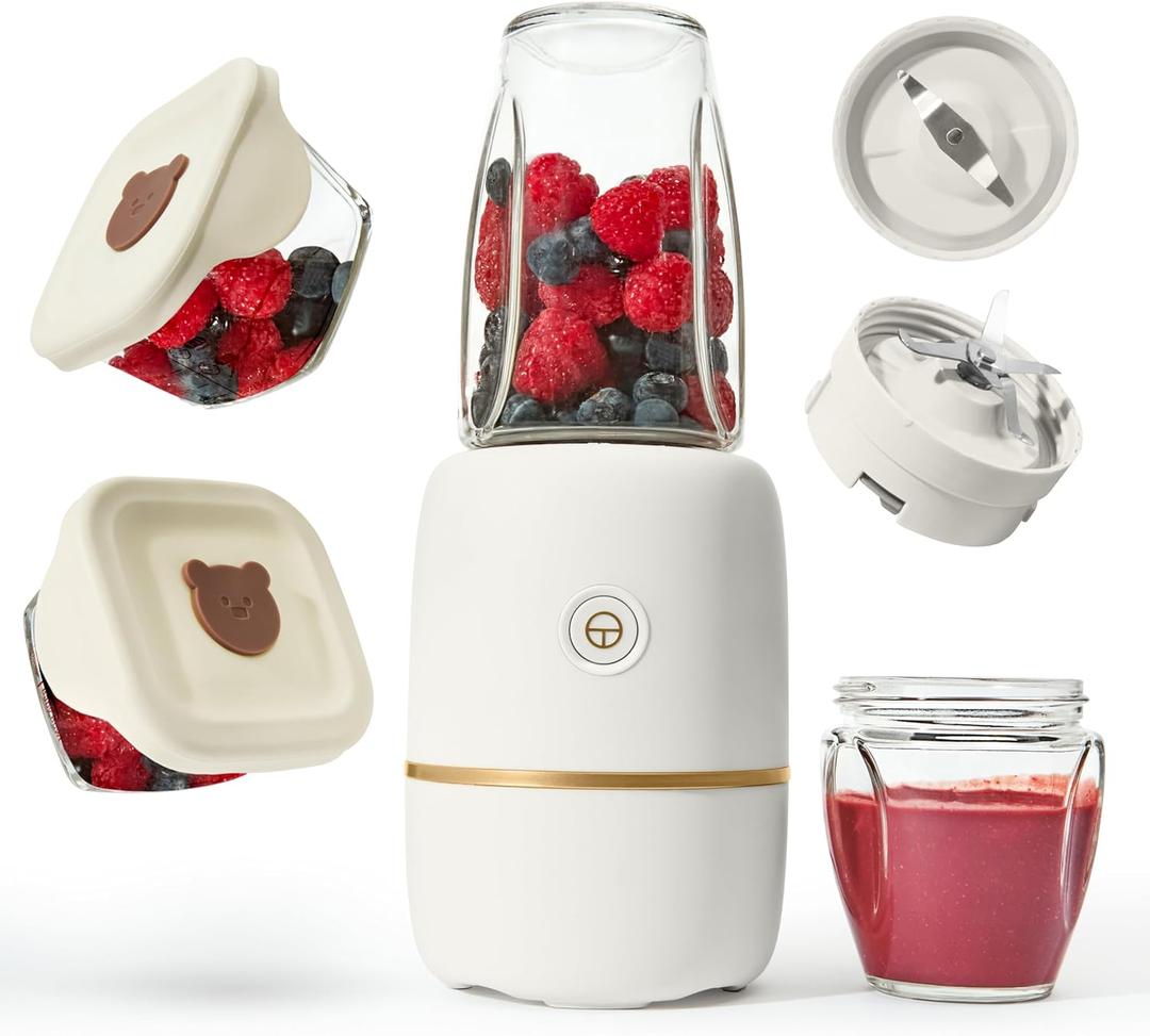 Bubble Blender, Baby Food Maker & Puree Blender with 2 Borosilicate Glass Cups, Compact Baby Bullet for Smoothies, Hands-Free One-Touch, 200W Motor, Cream White