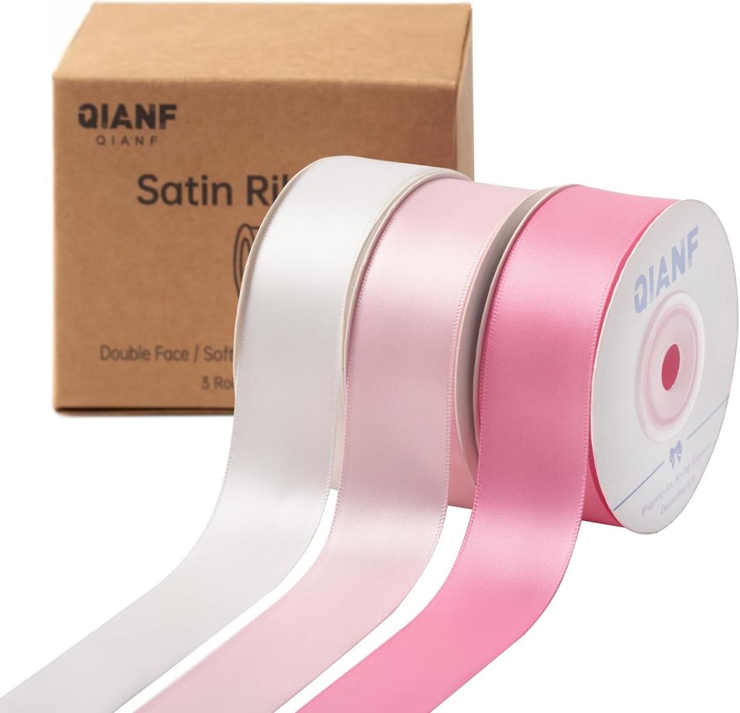 Pink Double Face Satin Ribbon 1 Inch x 45 Yards White Fabric Ribbon for Gift Wrapping, Flower Bouquets, Hair Bows Making, Wedding Decoration, Invitation Cards, Christmas (3 Rolls *15Yd)