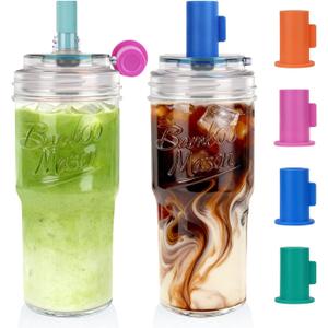 ANOTION 2pc Glass Tumbler with Lids and Straws, Leakproof 24oz Mason Jar Cups, Cap Cup Leak-Proof, Self-Assembly Silicone Straw, Reusable Iced Coffee Smoothie Matcha Cup Aesthetic Coffee Gifts Women